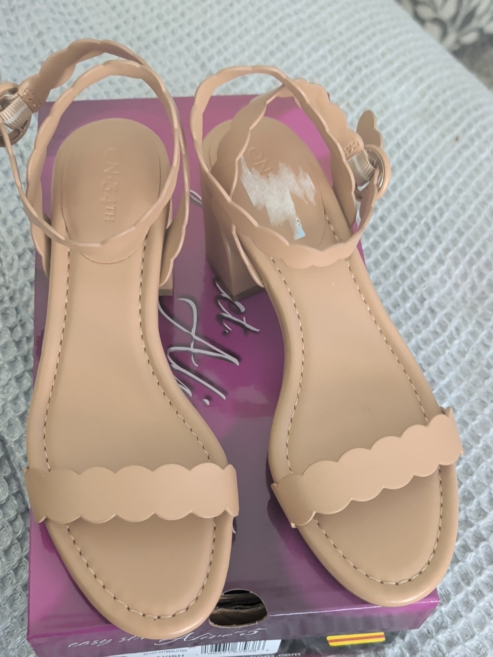 New On 34th Scalloped Ankle-Strap Block Heel Sandals in Nude